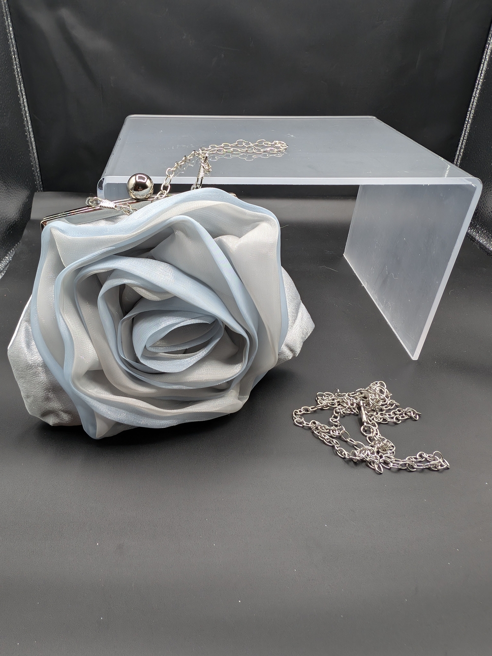 Elegant Rose-Style Silver & Light Blue Evening Clutch